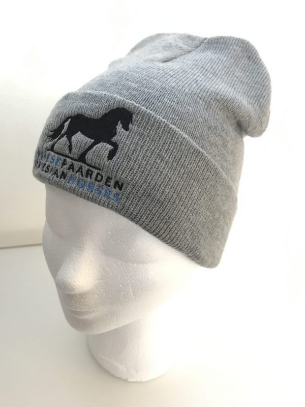 Paardensport, Muts beanie gemeleerd grijs met logo Friese Paarden / Friesian Horses, van ZijHaven3,bordurrstudio Lemmer