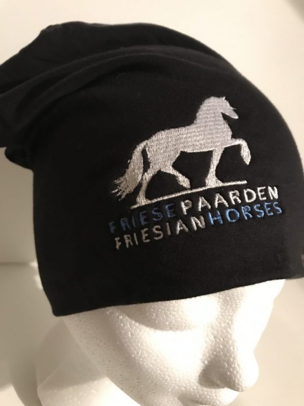 Equestrian sport, hat sporty beanie with logo Friese Paarden / Friesian Horses, by ZijHaven3, borduurstudio Lemmer