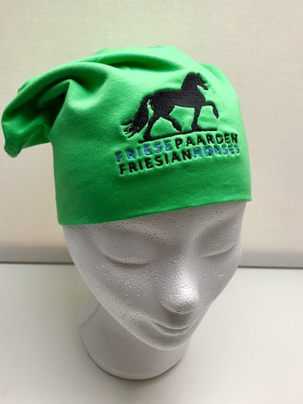 Equestrian sport, hat sporty beanie with logo Friese Paarden / Friesian Horses, by ZijHaven3, borduurstudio Lemmer