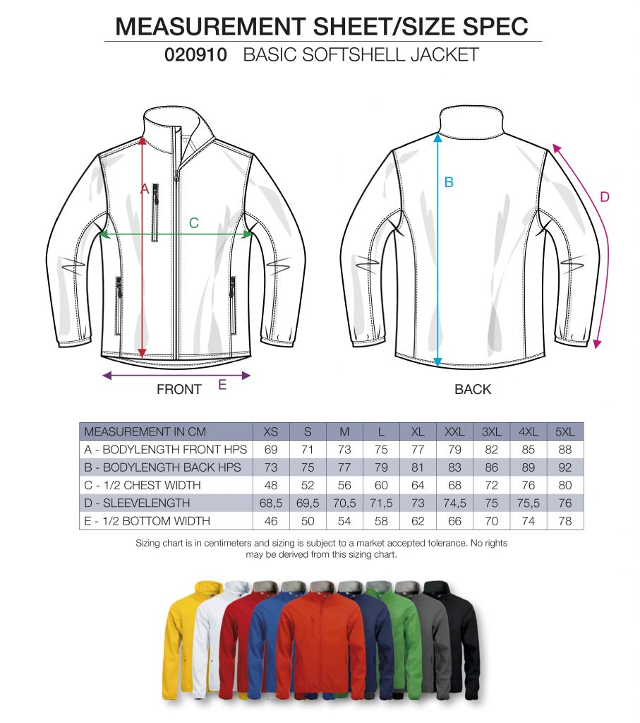 Softshell Jacket heren, maattabel