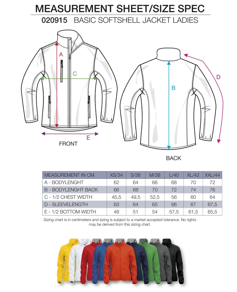 Softshell Jacket dames, maattabel