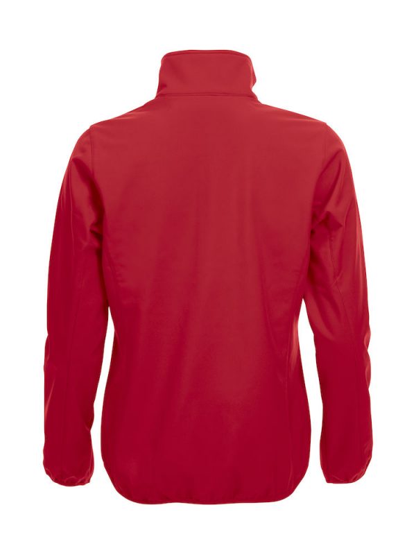 Softshell Jacket, dames, rood, achterzijde, met het logo Fries Paarden / Friesian Horses, door ZijHaven3, borduurstudio Lemmer