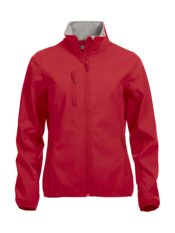 Softshell Jacket, ladies, red, with the logo Fries Paarden / Friesian Horses, by ZijHaven3, borduurstudio Lemmer