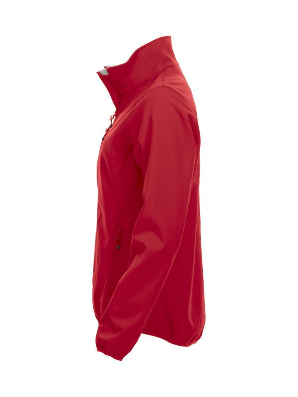 Softshell Jacket, dames, rood, li-zijde, met het logo Fries Paarden / Friesian Horses, door ZijHaven3, borduurstudio Lemmer