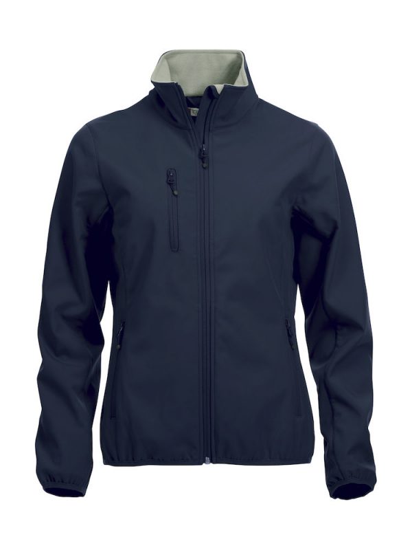 Softshell Jacket, dames, dark navy, met het logo Fries Paarden / Friesian Horses, door ZijHaven3, borduurstudio Lemmer