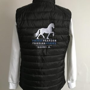 Bodywarmer, black, with logo Friese Paarden / Friesian Horses by ZijHaven3, borduurstudio Lemmer