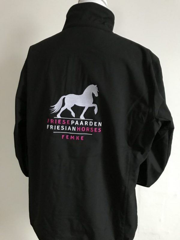 Special Softshell Jacket ladies, black, with the logo Fries Paarden / Friesian Horses, by ZijHaven3, borduurstudio Lemmer