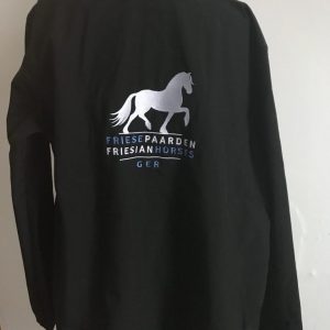 Softshell Jacket, black, with the logo Fries Paarden / Friesian Horses, by ZijHaven3, borduurstudio Lemmer