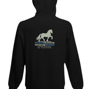 Hoody zwart, met logo Friese Paarden / Fresian Horses door ZijHaven3, borduurstudio Lemmer