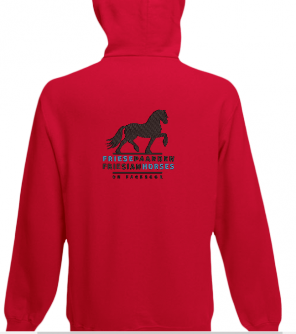 Hoody rood, met logo Friese Paarden / Fresian Horses door ZijHaven3, borduurstudio Lemmer