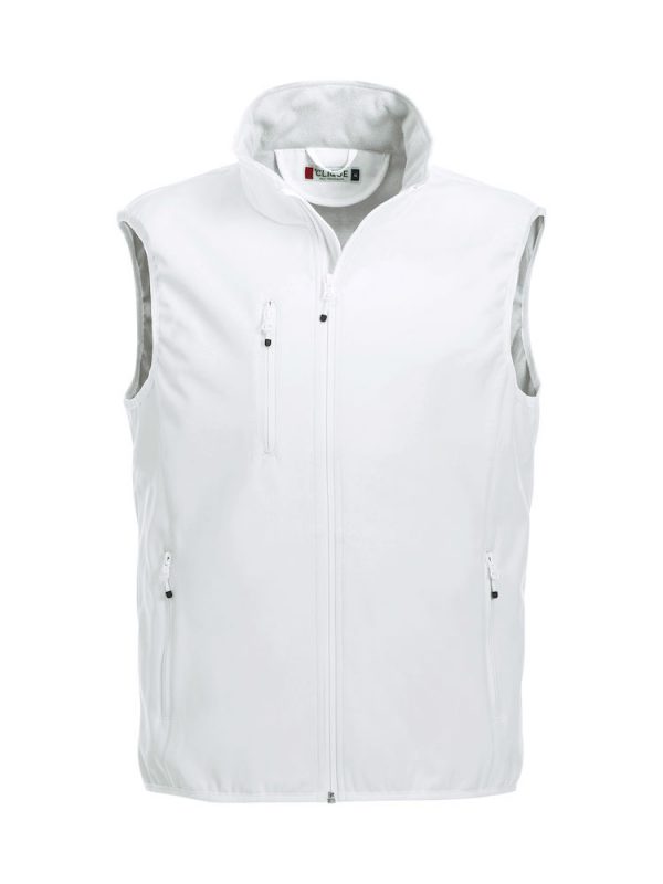 Softshell Softshell vest men, white, front view, with logo Friese Paarden / Friesian Horses, by ZijHaven3, borduurstudio Lemmer