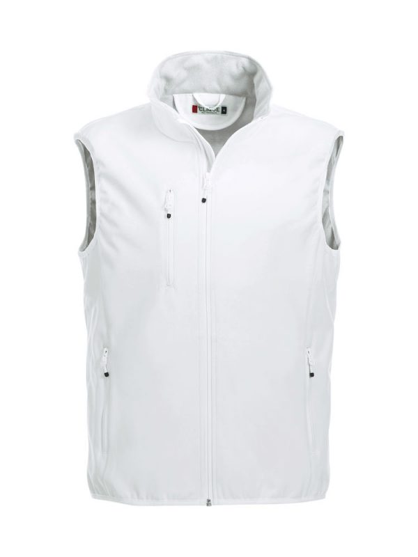 Softshell bodywarmer heren, wit, voorzijde, met logo Friese Paarden / Friesian Horses, door ZijHaven3, borduurstudio Lemmer