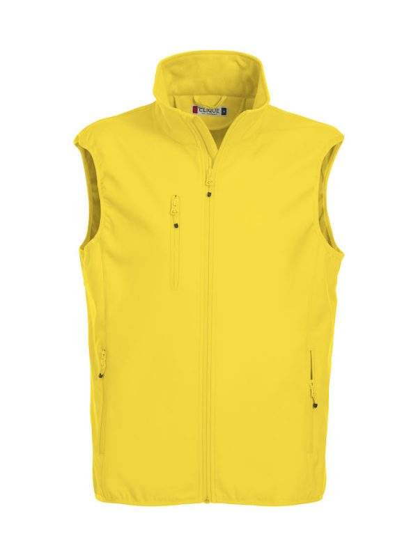 Softshell bodywarmer heren, geel, voorzijde, met logo Friese Paarden / Friesian Horses, door ZijHaven3, borduurstudio Lemmer