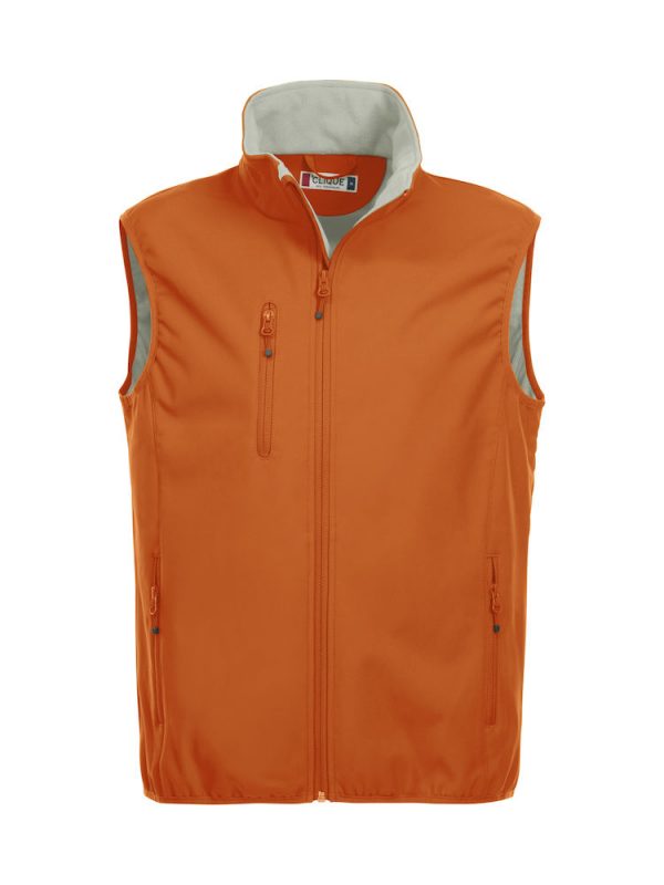 Softshell bodywarmer heren, oranje, voorzijde, met logo Friese Paarden / Friesian Horses, door ZijHaven3, borduurstudio Lemmer