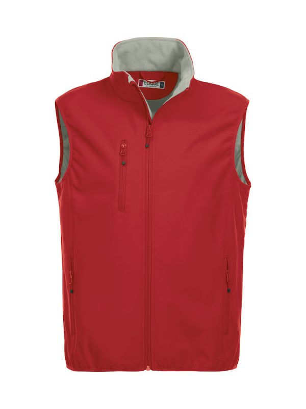 Softshell Softshell vest men, red, front view, with logo Friese Paarden / Friesian Horses, by ZijHaven3, borduurstudio Lemmer