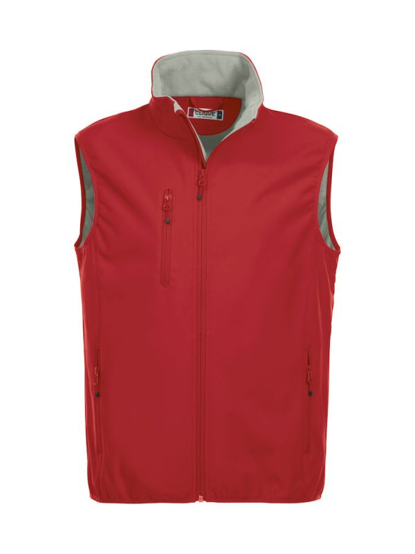 Softshell bodywarmer heren, rood, voorzijde, met logo Friese Paarden / Friesian Horses, door ZijHaven3, borduurstudio Lemmer