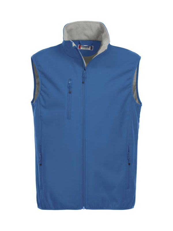 Softshell Softshell vest men, cobalt blue, front view, with logo Friese Paarden / Friesian Horses, by ZijHaven3, borduurstudio Lemmer