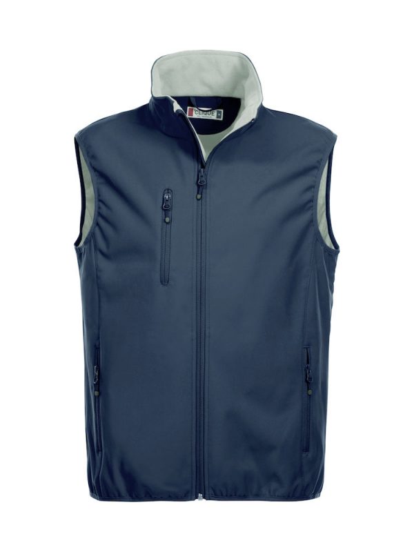 Softshell Softshell vest men, navy blue, front view, with logo Friese Paarden / Friesian Horses, by ZijHaven3, borduurstudio Lemmer