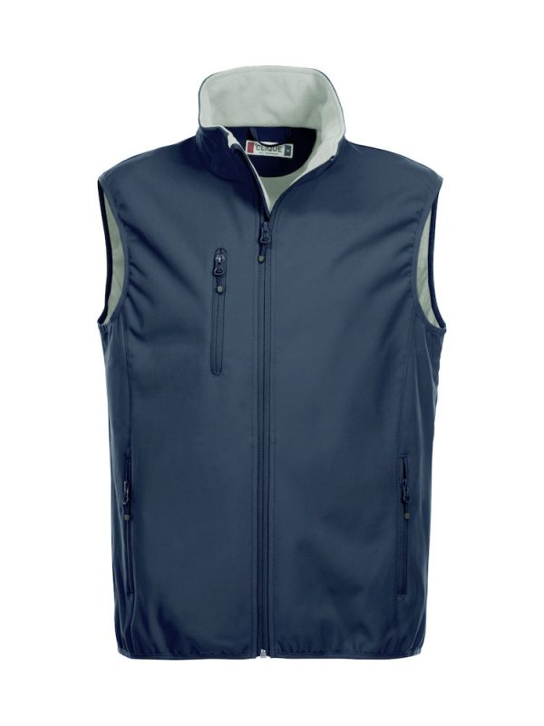 Softshell bodywarmer heren, navy blauw, voorzijde, met logo Friese Paarden / Friesian Horses, door ZijHaven3, borduurstudio Lemmer