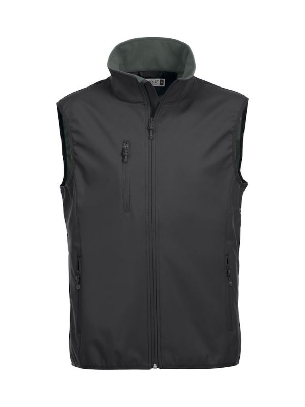 Softshell bodywarmer heren, zwart, voorzijde, met logo Friese Paarden / Friesian Horses, door ZijHaven3, borduurstudio Lemmer