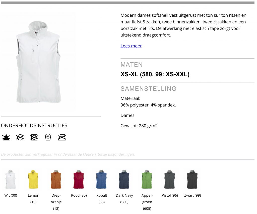 Softshell bodywarmer dames informatie tabel, door ZijHaven3, borduurstudio Lemmer