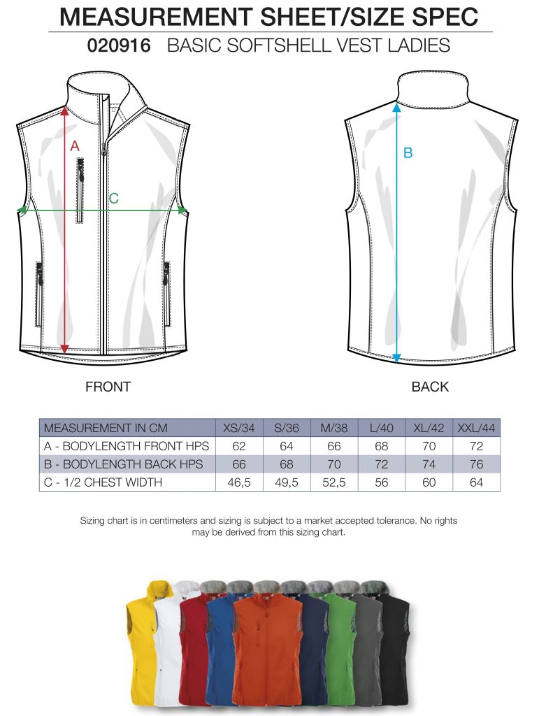 Softshell vest ladies, sizing sheet, by ZijHaven3, borduurstudio Lemmer