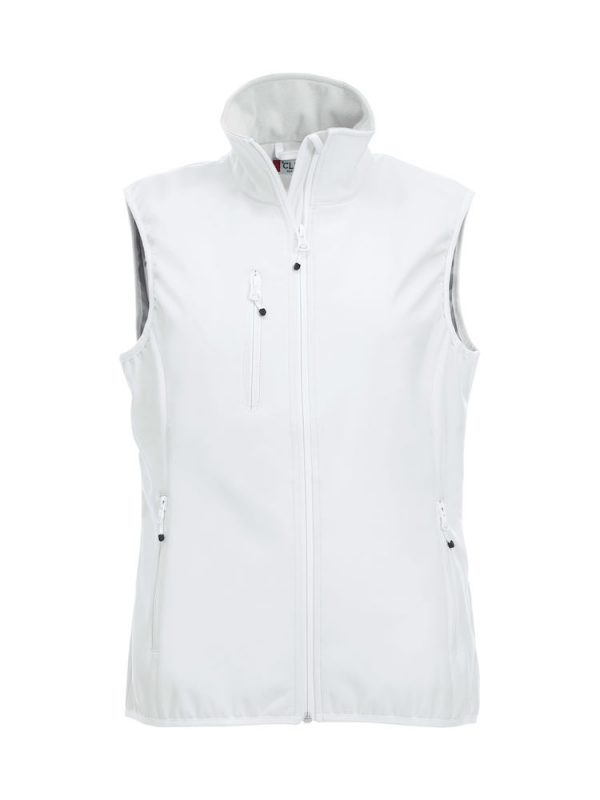 Softshell bodywarmer dames, wit, voorzijde, met logo Friese Paarden / Friesian Horses, door ZijHaven3, borduurstudio Lemmer