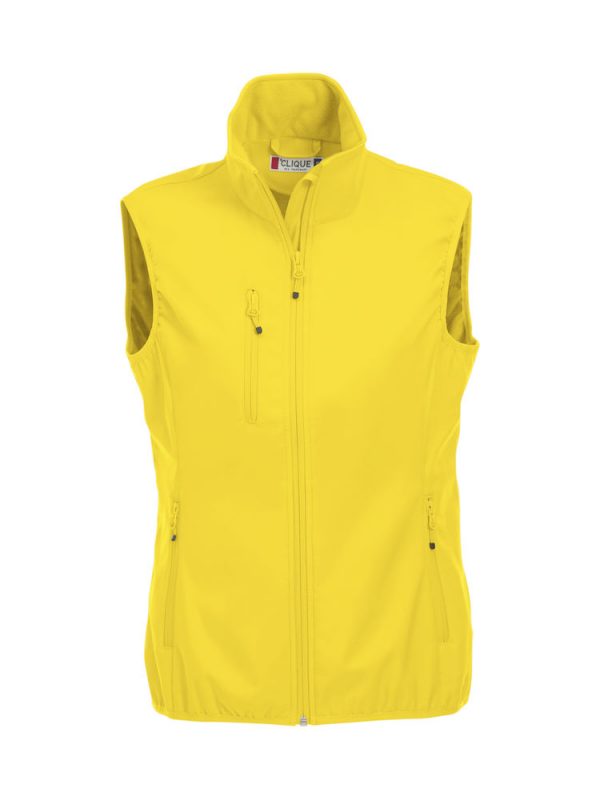 Softshell bodywarmer dames, geel, voorzijde, met logo Friese Paarden / Friesian Horses, door ZijHaven3, borduurstudio Lemmer
