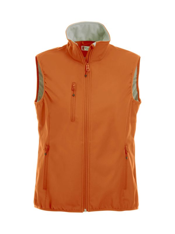 Softshell bodywarmer dames, oranje, voorzijde, met logo Friese Paarden / Friesian Horses, door ZijHaven3, borduurstudio Lemmer