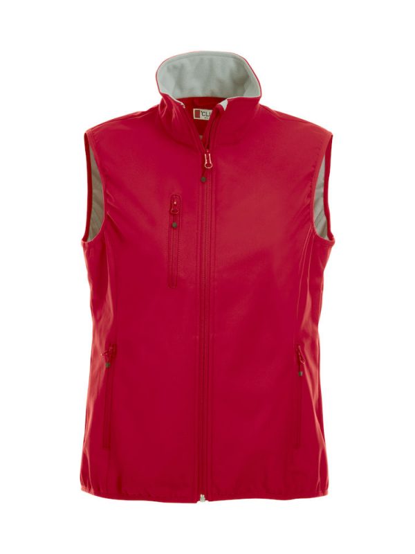 Softshell bodywarmer dames, rood, voorzijde, met logo Friese Paarden / Friesian Horses, door ZijHaven3, borduurstudio Lemmer