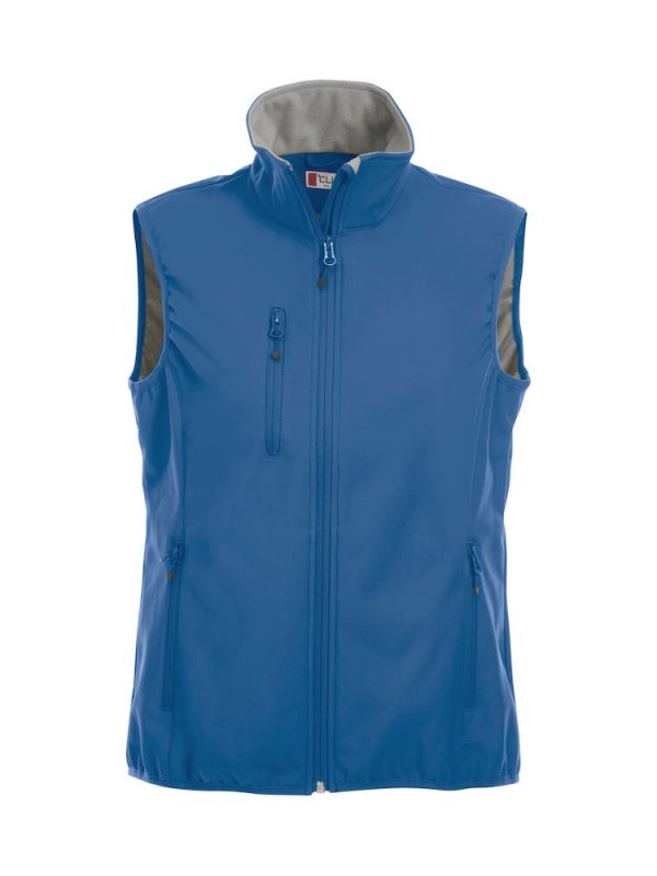 Softshell bodywarmer dames, kobalt blauw, voorzijde, met logo Friese Paarden / Friesian Horses, door ZijHaven3, borduurstudio Lemmer