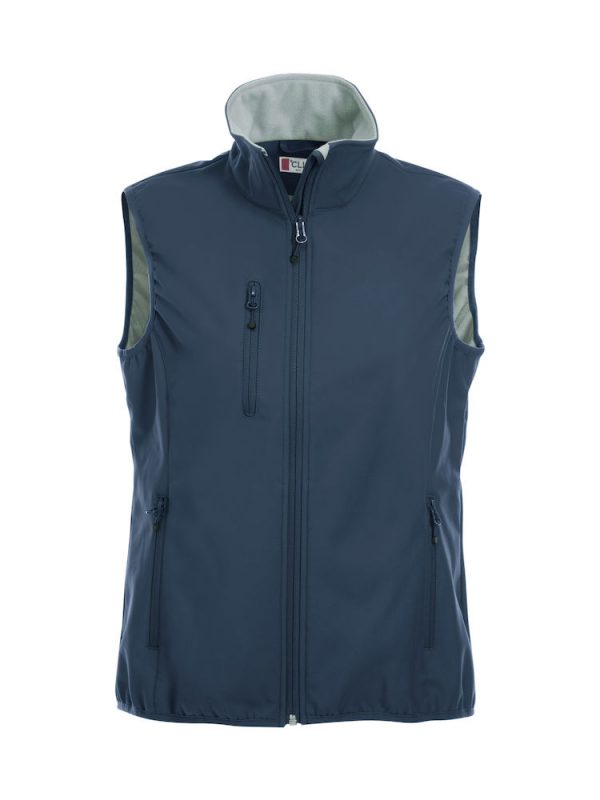 Softshell bodywarmer dames, navy blauw, voorzijde, met logo Friese Paarden / Friesian Horses, door ZijHaven3, borduurstudio Lemmer