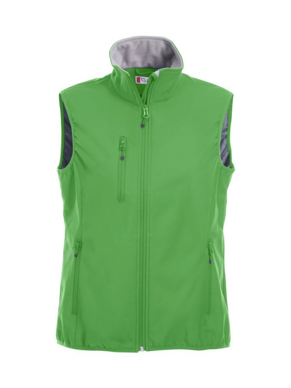 Softshell bodywarmer dames, appel groen, voorzijde, met logo Friese Paarden / Friesian Horses, door ZijHaven3, borduurstudio Lemmer