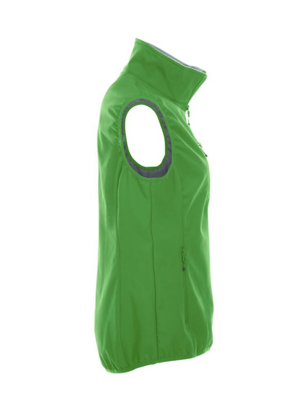 Softshell bodywarmer dames, appel groen, rechter zijde, met logo Friese Paarden / Friesian Horses, door ZijHaven3, borduurstudio Lemmer