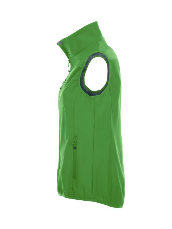 Softshell bodywarmer dames, appel groen, linker zijde, met logo Friese Paarden / Friesian Horses, door ZijHaven3, borduurstudio Lemmer