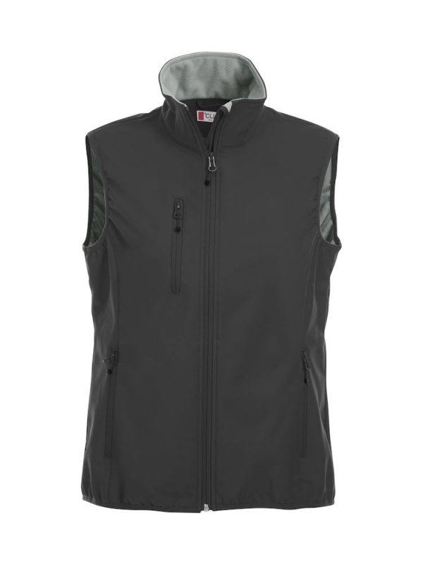 Softshell bodywarmer dames, zwart, voorzijde, met logo Friese Paarden / Friesian Horses, door ZijHaven3, borduurstudio Lemmer