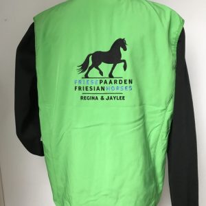 Softshell vest ladies, appel green, with logo Friese Paarden / Friesian horses, by ZijHaven3, borduurstudio Lemmer
