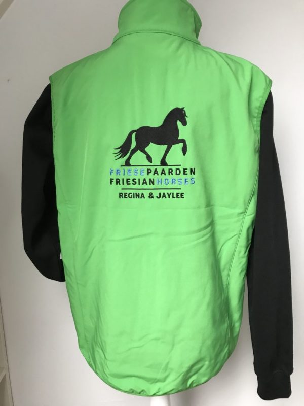 Softshell vest ladies, appel green, with logo Friese Paarden / Friesian horses, by ZijHaven3, borduurstudio Lemmer