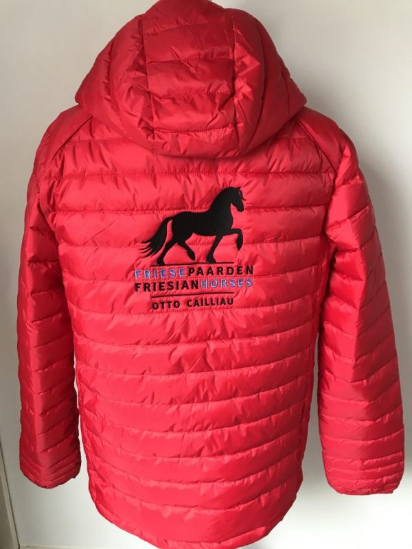 Equestrian sports, personalised quilted jacket with Fries Paarden / Friesian Horses logo, by ZijHaven3, borduurstudio Lemmer