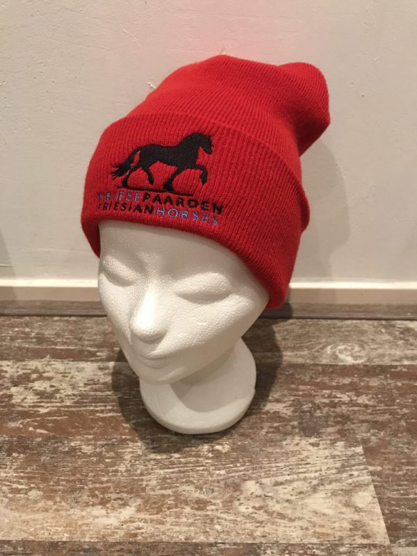 Equestrian sport, hat beanie, red, with logo Friese Paarden / Friesian Horses, from ZijHaven3, bordurrstudio Lemmer