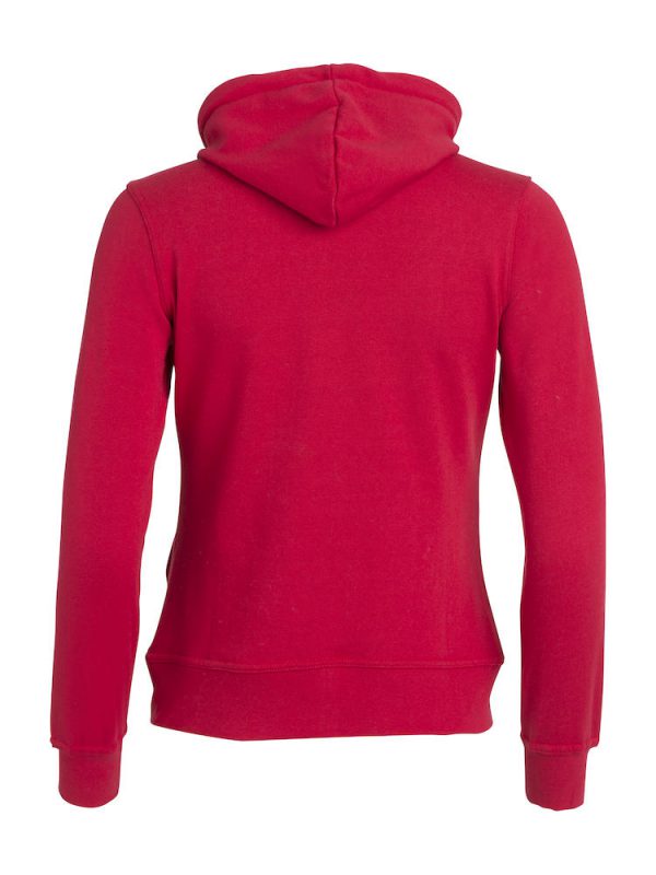 Hoody vest dames, rood, achterzijde, met logo Friese Paarden / Friesian Horsen, door ZijHaven3, borduurstudio Lemmer