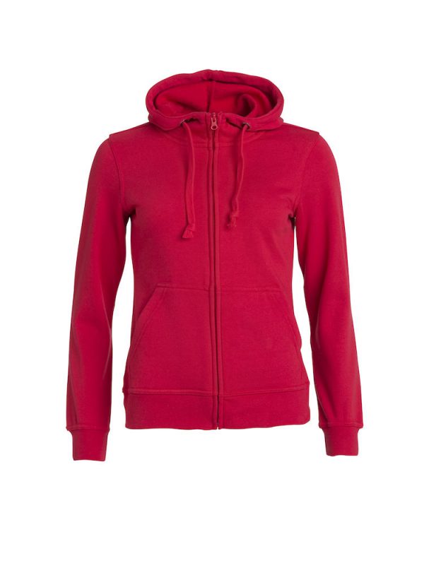 Hoody vest dames, rood, voorzijde, met logo Friese Paarden / Friesian Horsen, door ZijHaven3, borduurstudio Lemmer