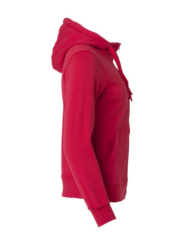 Hoody vest dames, rood, rechterzijde, met logo Friese Paarden / Friesian Horsen, door ZijHaven3, borduurstudio Lemmer