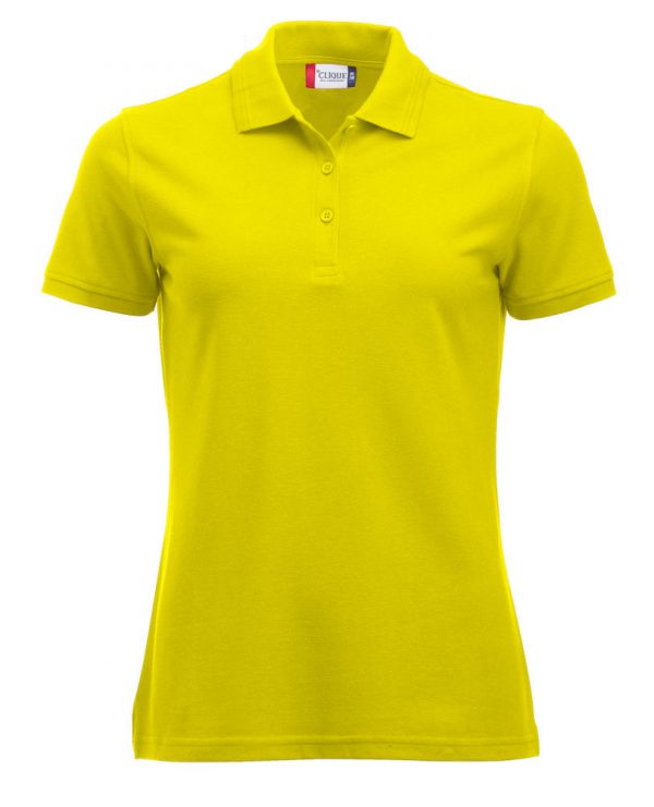 Poloshirt, dames, signaal geel, met logo Friese Paarden/Friesian Horses, door ZijHaven3 borduurstudio Lemmer