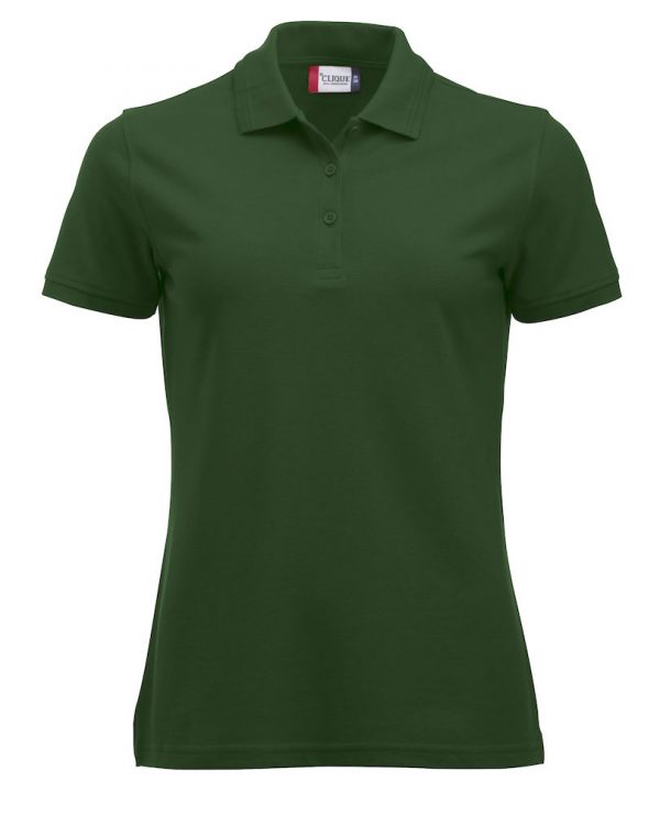 Poloshirt, dames, flessen groen, met logo Friese Paarden/Friesian Horses, door ZijHaven3 borduurstudio Lemmer