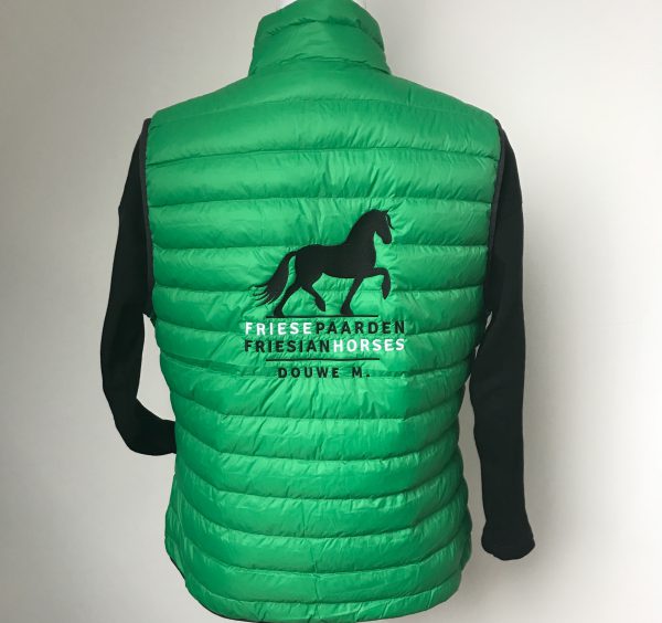 Padded body warmer, ladies, apple green, with logo Fries Paarden/Friesian Horses, by ZijHaven3 borduurstudio Lemmer