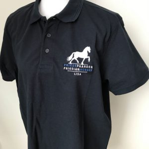 Mens polo with chest embroidery logo Friese Paarden / Friesian Horses, by ZijHaven3, borduurstudio Lemmer