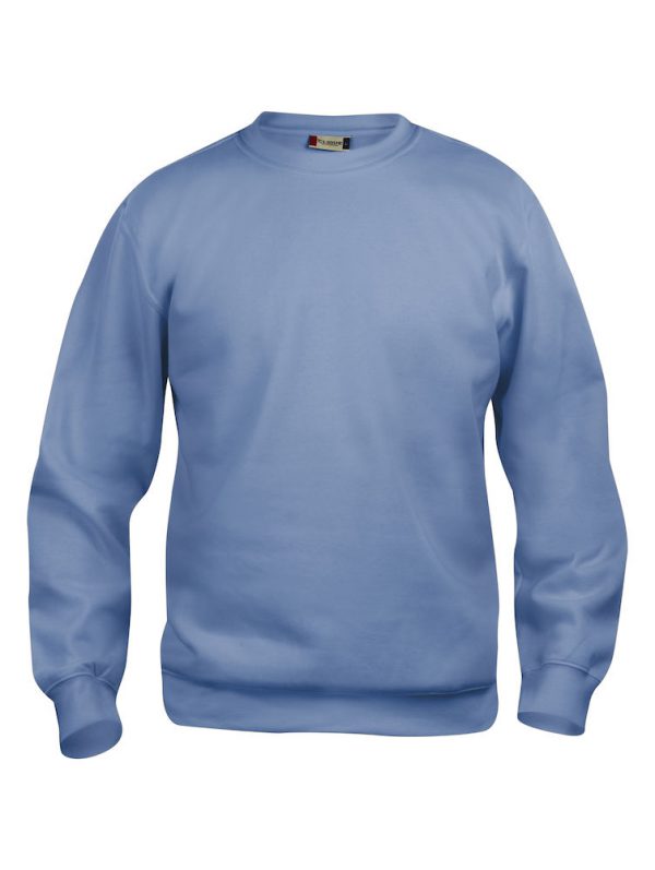 Sweater licht blauw met logo Friese Paarden / Fresian Horses door ZijHaven3, borduurstudio Lemmer