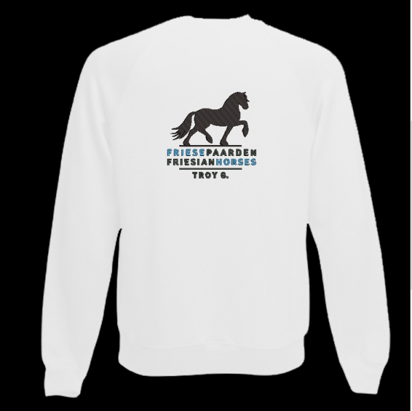 Sweater wit met logo Friese Paarden / Fresian Horses door ZijHaven3, borduurstudio Lemmer